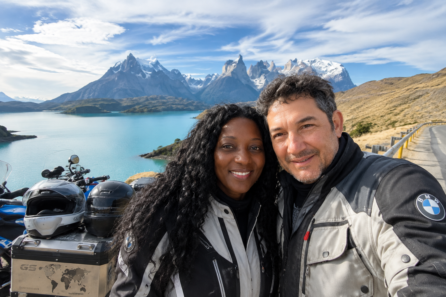 Gabriel Dick Ahumada y Riana Juliette O'Konnor de Ahumada de viaje en motocicleta frente a las montañas de la Patagonia